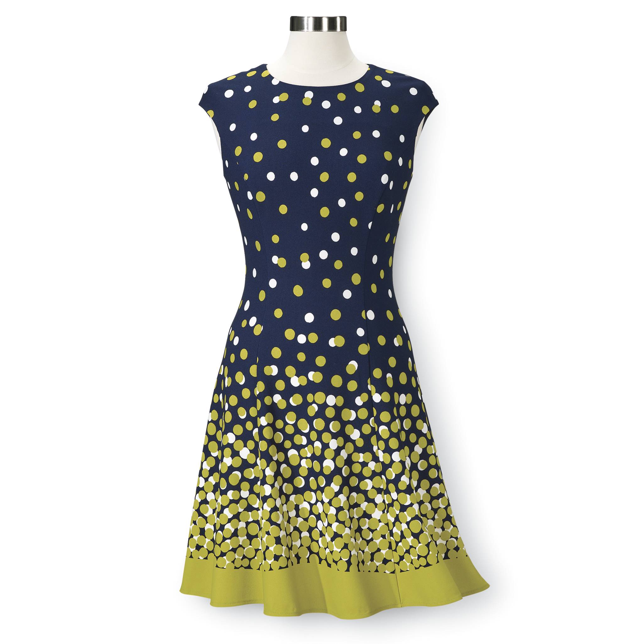 Border Print Dot Dress, Round Neck, Extended Shoulders, Back Zip - Northstyle Catalog