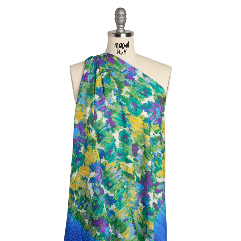 Stretch Polyester Seersucker - Bright Blue, Lime Green and Yellow Ikat Floral - Designer Deadstock - Joann Fabrics