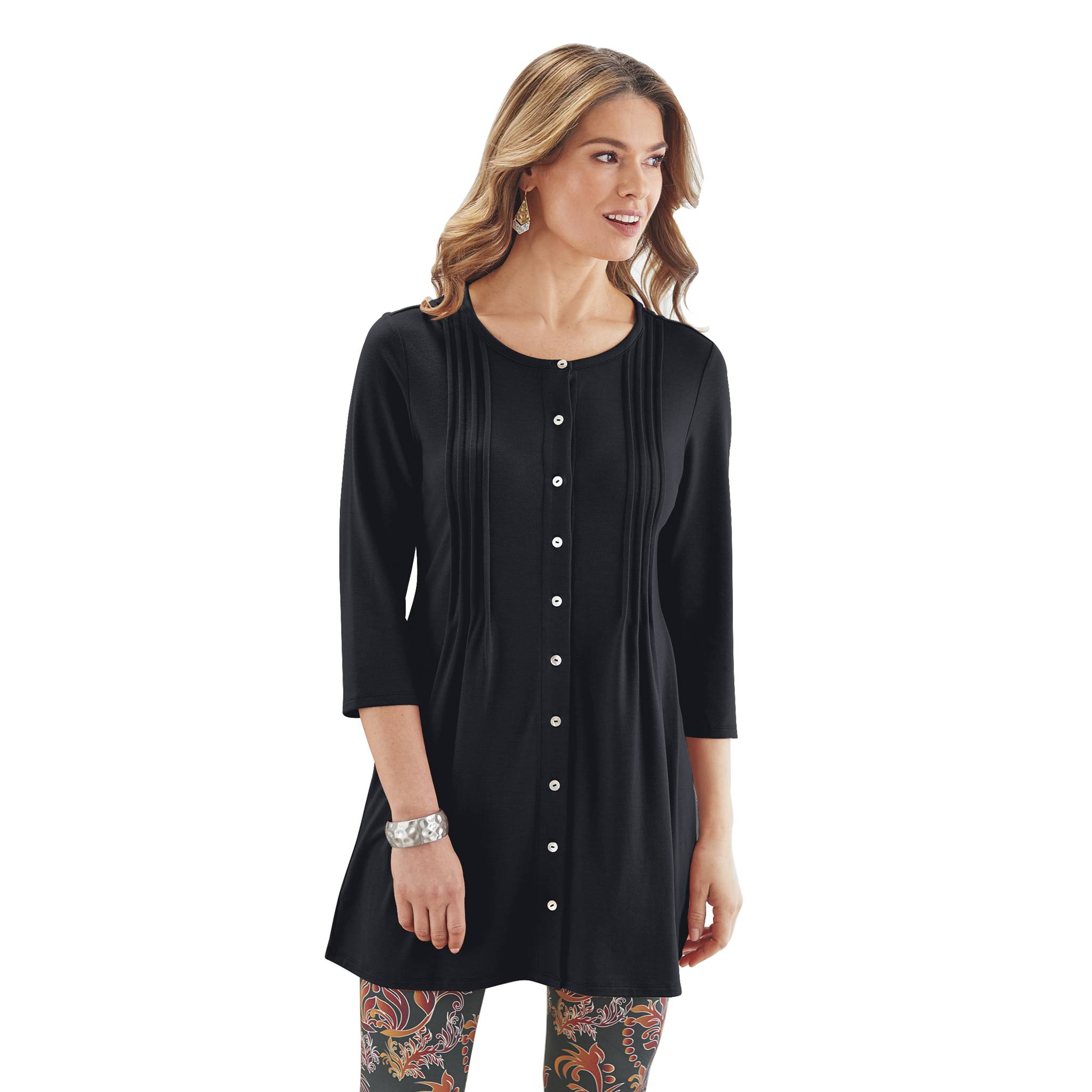 Button-Front 3/4 Sleeve Knit Tunic, Flattering Front & Back Tucks - Northstyle Catalog