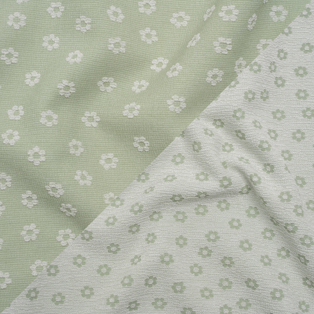 Stretch Textured Nylon Jacquard Knit - White and Jade Green Flower Dots - Designer Deadstock - Joann Fabrics