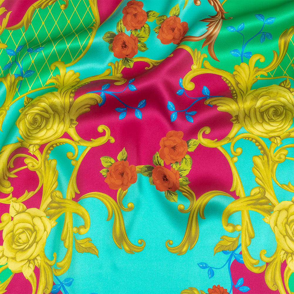 Mood Exclusive Italian Aqua, Pink and Gold Rose Filigree Silk Charmeuse - Joann Fabrics