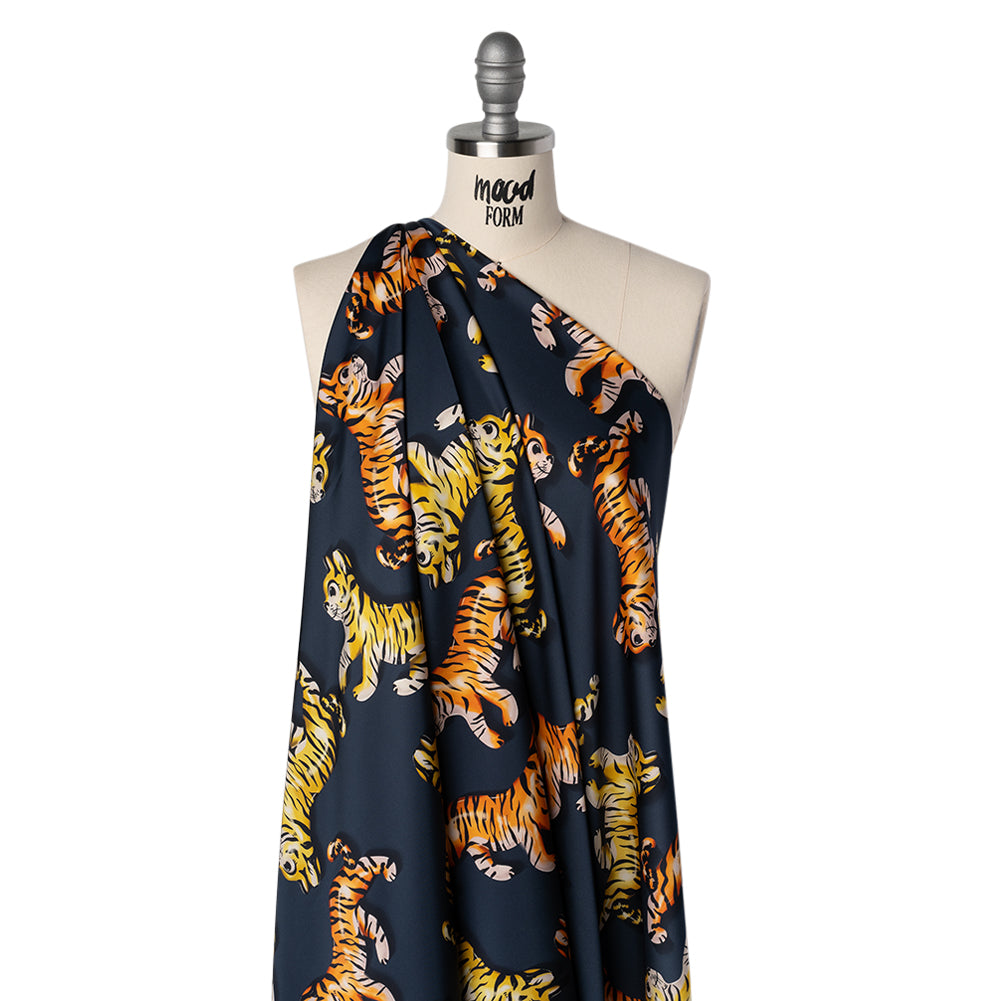 Polyester Satin - Navy, Yellow and Orange Balloon Tigers - Mood Exclusive Pop Jungle Print - Joann Fabrics