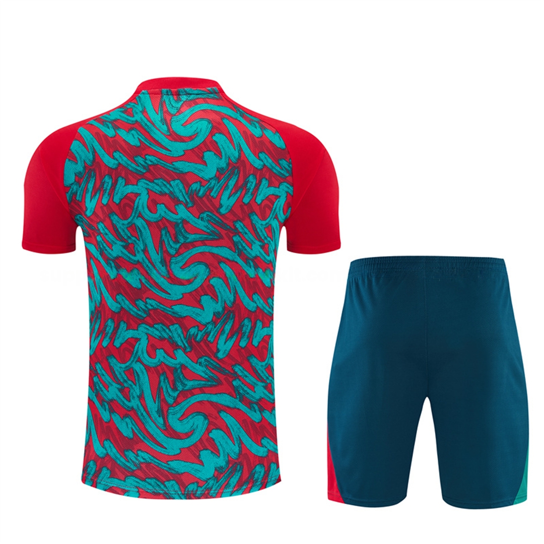 Portugal 2026 Kids Short-Sleeve Training Set - Red And Turquoise With A Swirling Pattern Top & Pants - UnitedFutballJersey