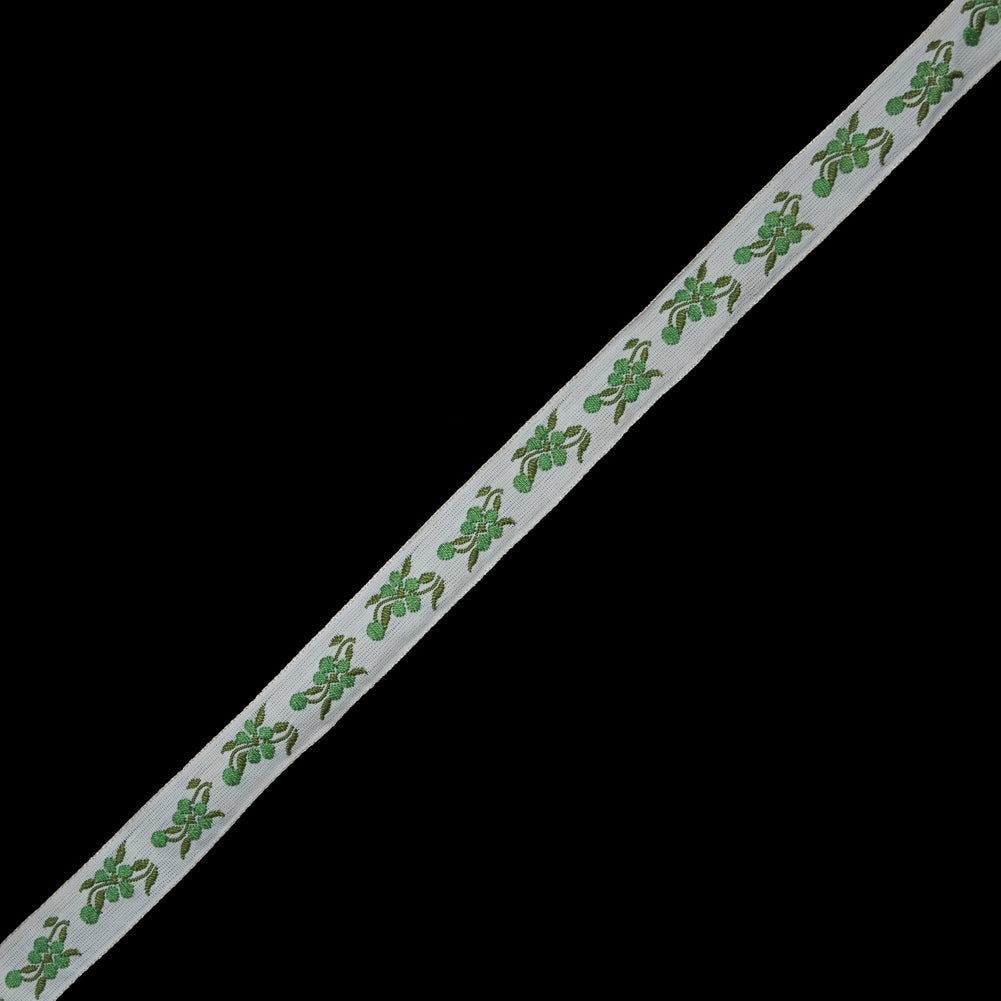White and Green Floral Jacquard Ribbon - 0.625