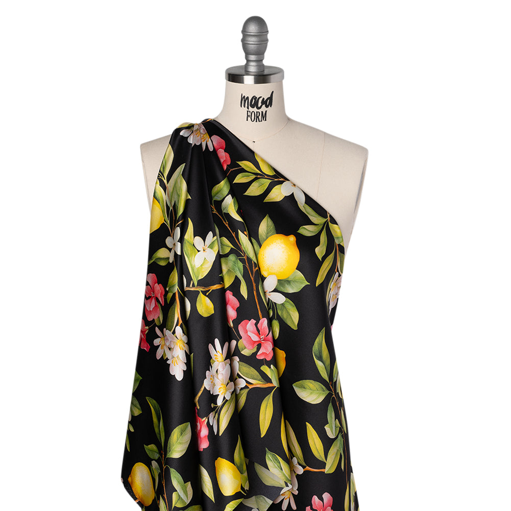 Silk Charmeuse Print 16MM, Made in Italy - Black, Green and Yellow Blossoming Lemon Tree - Joann Fabrics