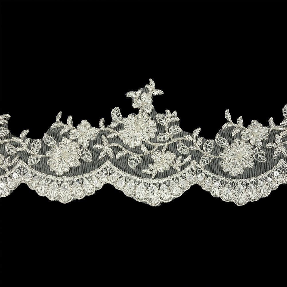 Off White and Metallic Silver Floral Sequins and Beaded Bridal Lace Trim with Scalloped Edge - 4.5