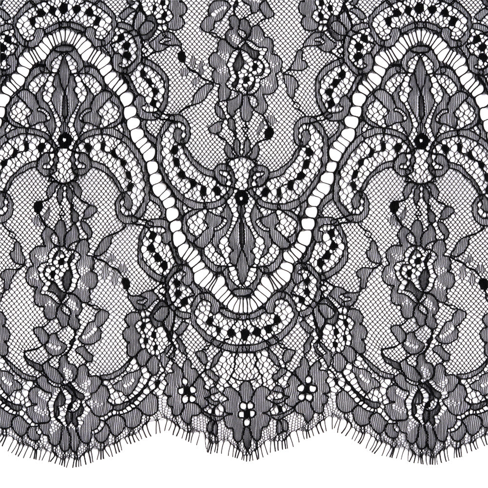 Black Floral Scalloped Re-Embroidered Lace Trim with Eyelash Fringe - 11.25