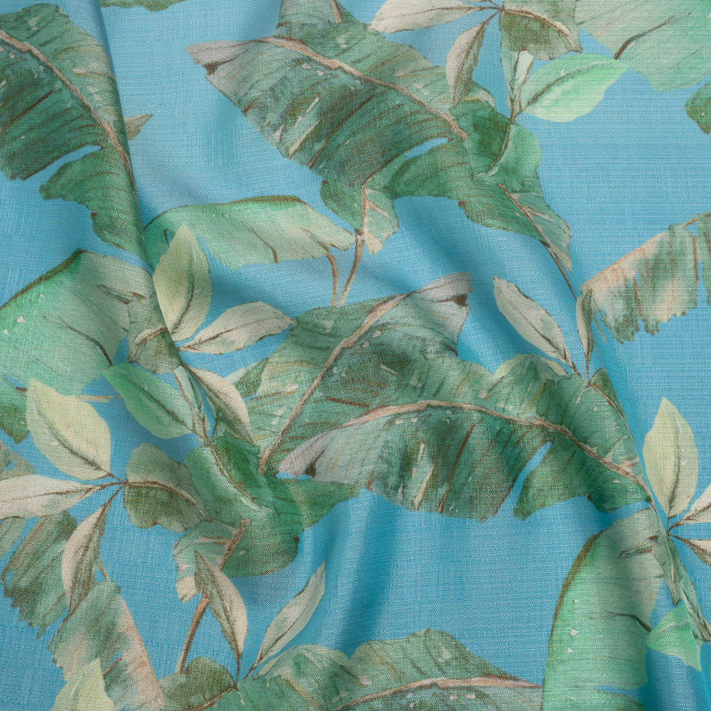 Textured Silk Woven Print Made in Italy - Sky Blue, Green and Beige Palm Leaves - Deadstock - Joann Fabrics