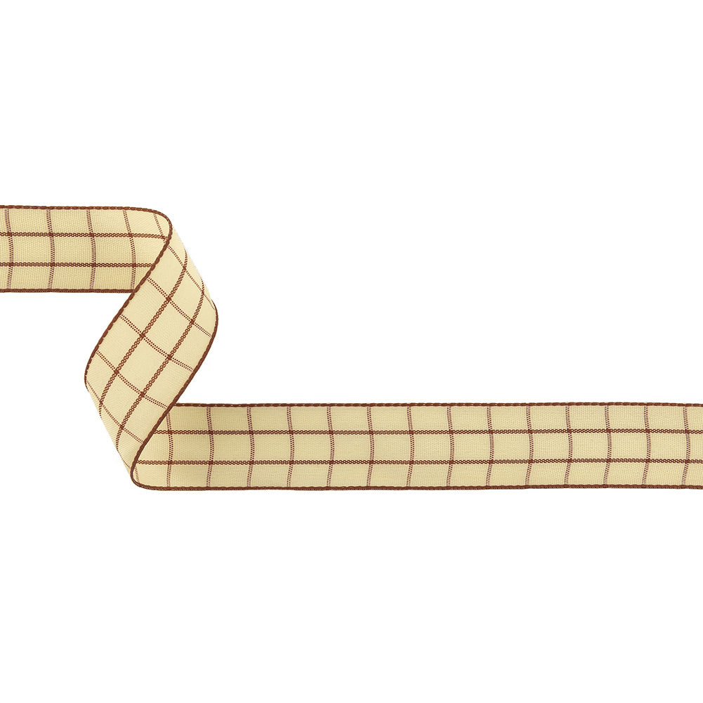 Brown and Ethereal Green Windowpane Check Woven Ribbon - 1