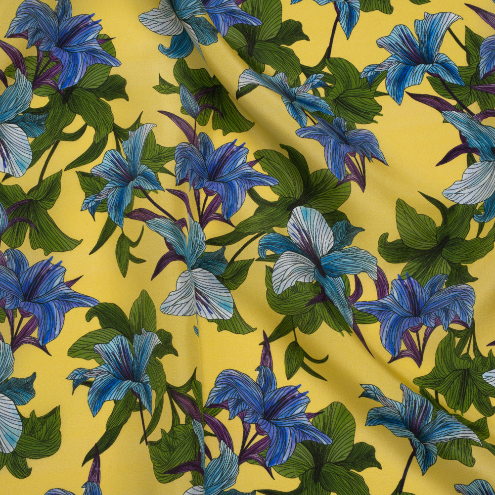 Silk Crepe de Chine Print Made in Italy - Lemon Yellow, Blue and Green Lilies - Deadstock - Joann Fabrics
