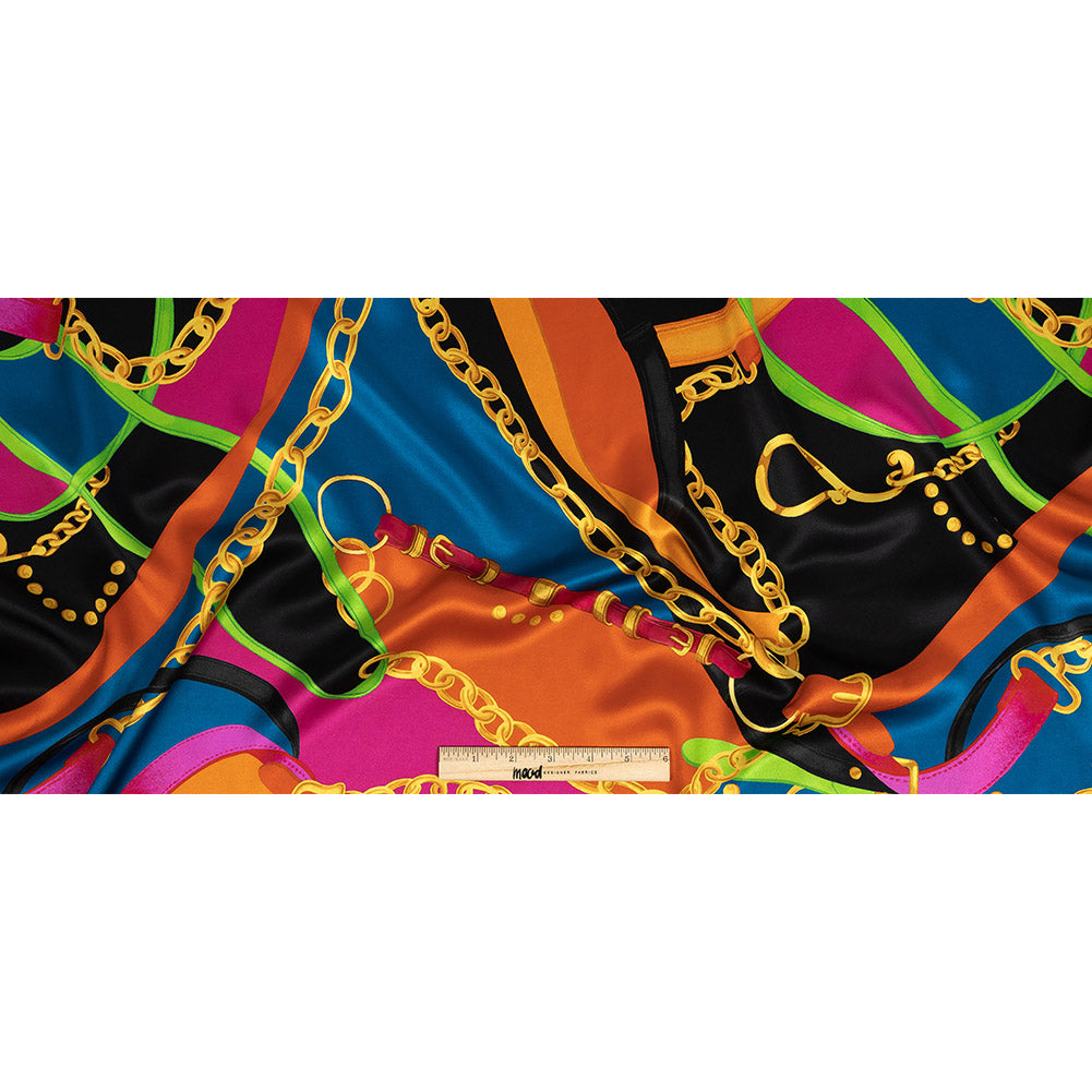 Mood Exclusive Italian Teal, Orange and Gold Chains and Purse Straps Digitally Printed Silk Charmeuse - Joann Fabrics