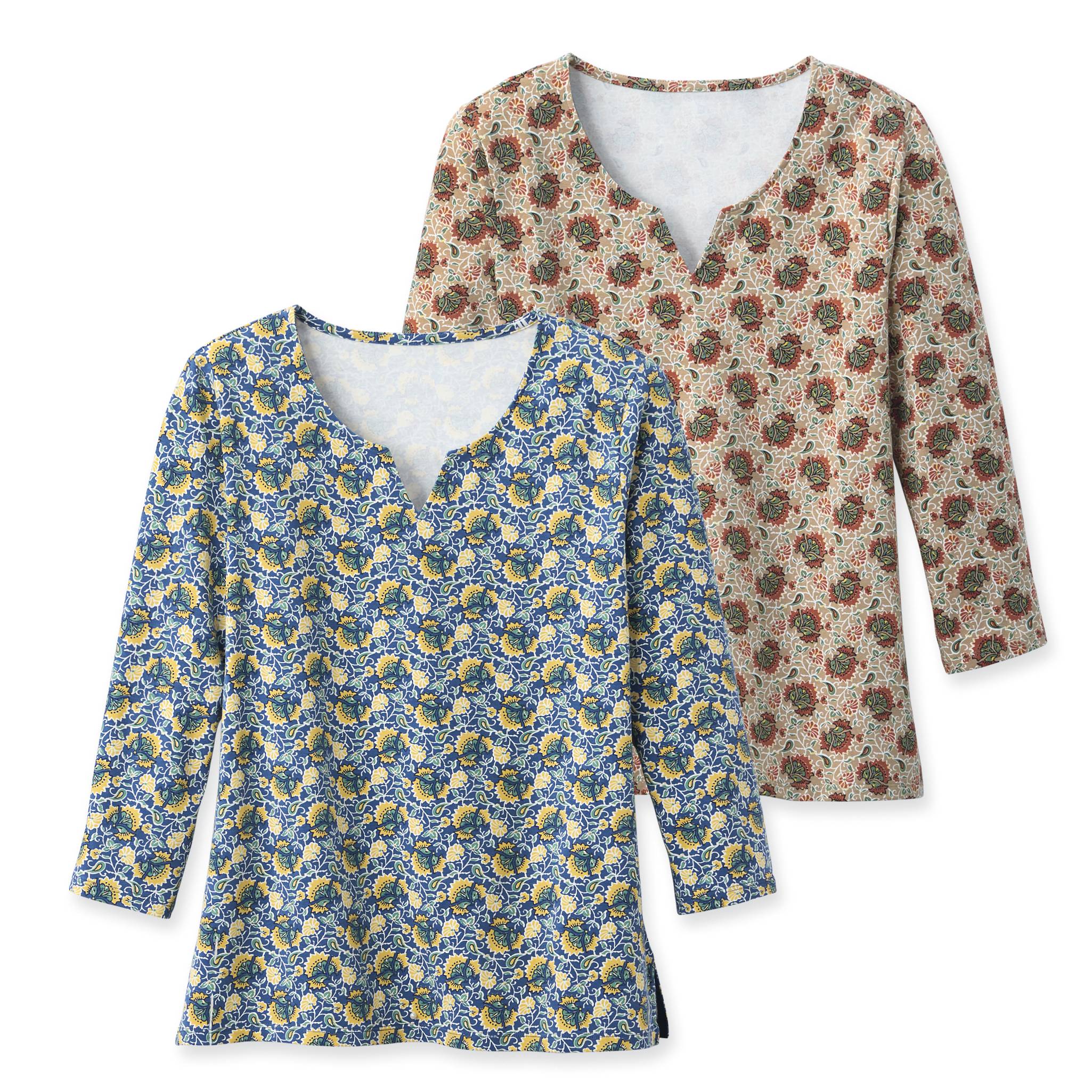 Peruvian Stretch Cotton Notched-Neck Print Top, 3/4 Sleeves, Side Slits - Northstyle Catalog