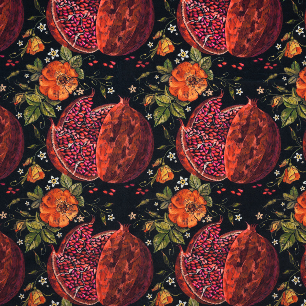 Polyester Microvelvet - Red, Green and Black Pomegranates and Flowers - Joann Fabrics