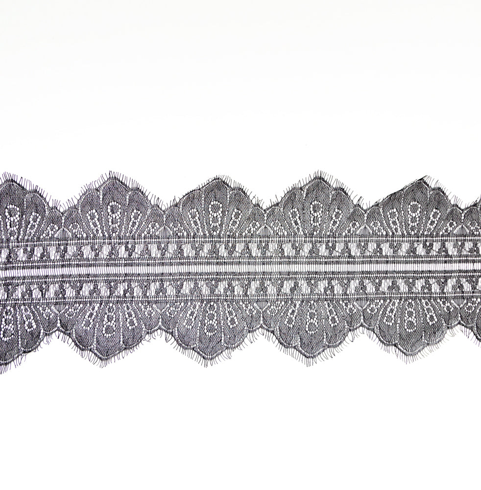 European Black and Metallic Silver Chantilly Eyelash Lace Trim - 7.25