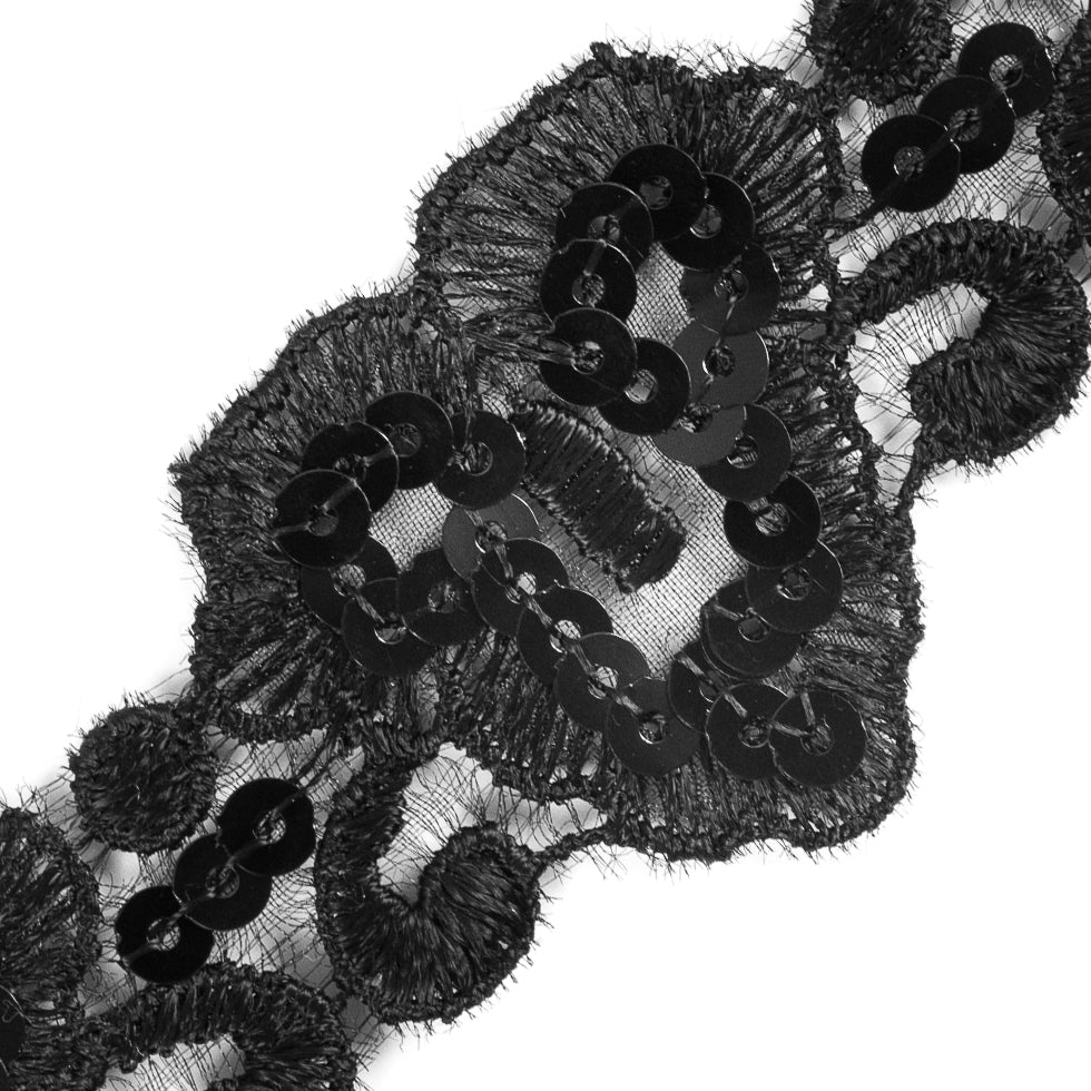 Black Embroidered Organza Sequin Trim - 1.5