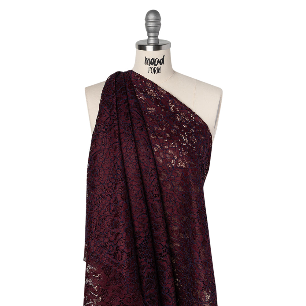 Corded Raschel Lace Panel with Finished Edges - Burgundy and Navy All-Over Flowers and Leaves - Joann Fabrics