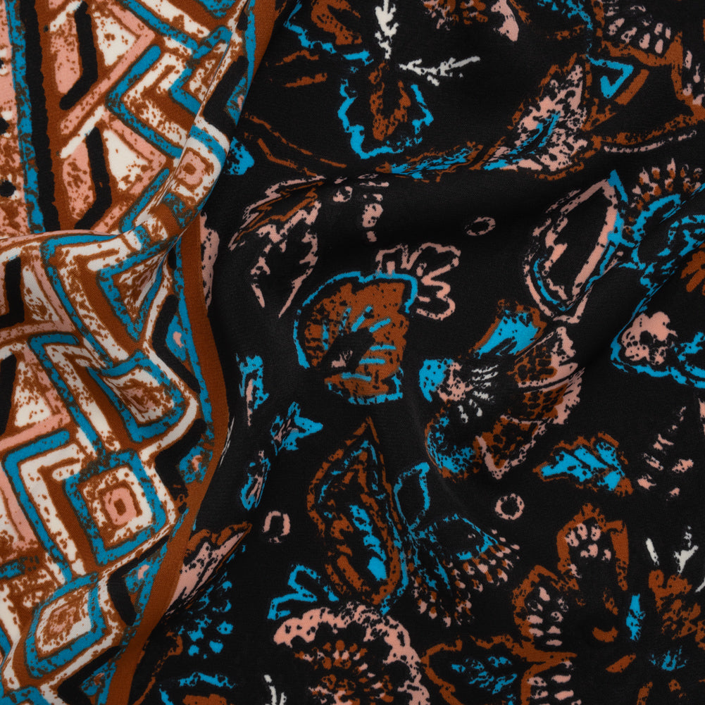 Satin-Faced Fluid Polyester Woven Print - Black, Russet Brown and Turquoise Blue Floral and Geometric Borders - Designer Deadstock - Joann Fabrics