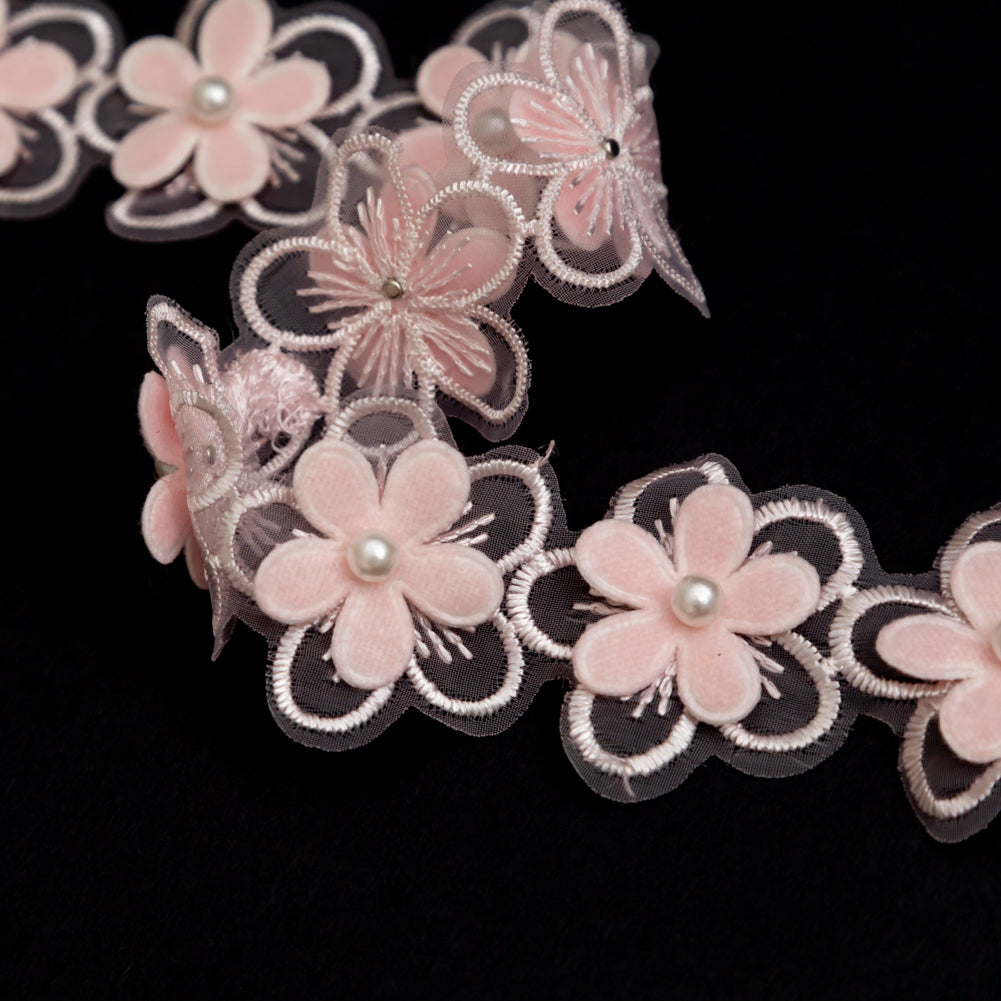 3D Peach Embroidered Organza Floral Pearl Trim - 1.5