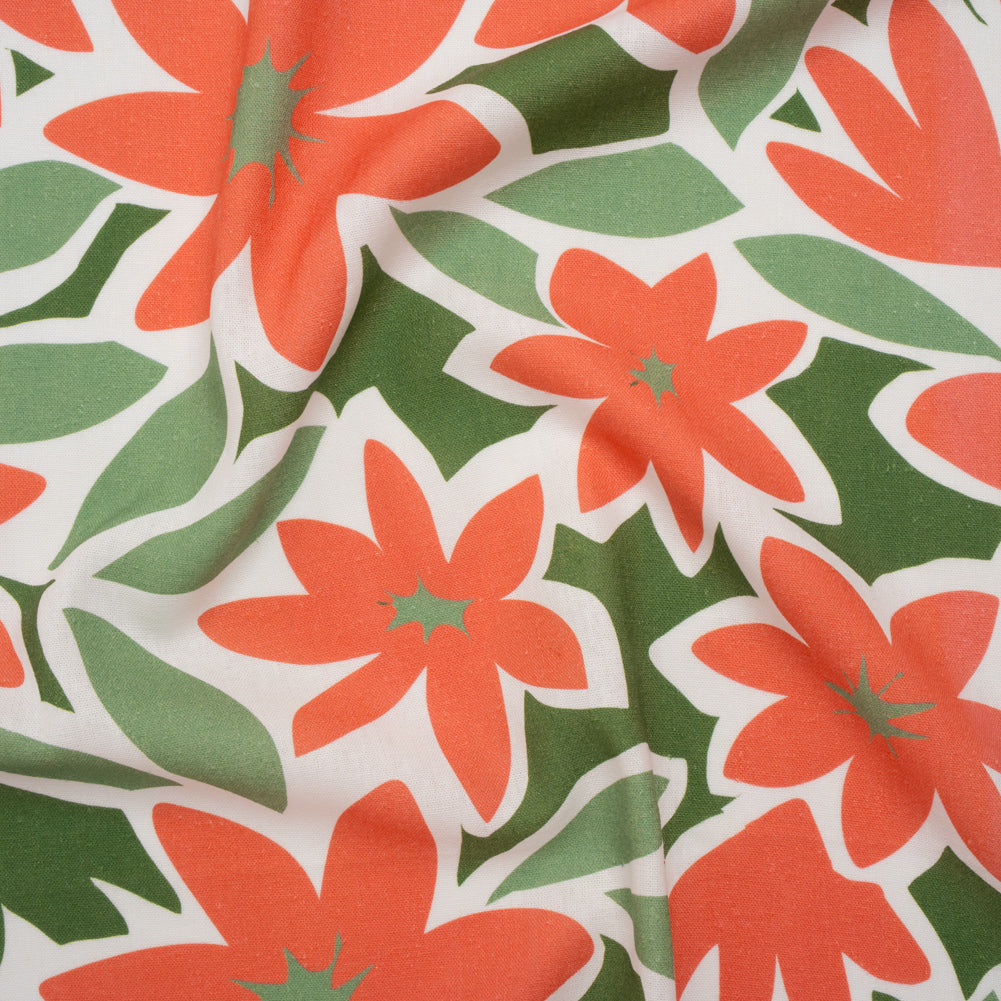 Linen and Rayon Woven - Coral Rose, Sage and Basil Green Flat Flowers - Mood Exclusive Flat Out Florals Print - Joann Fabrics