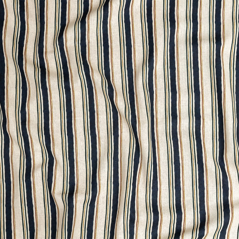 Linen and Rayon Woven - Natural and Navy Stripes - Linear Transcendence Print - Mood Exclusive Tumunyana Collection - Joann Fabrics