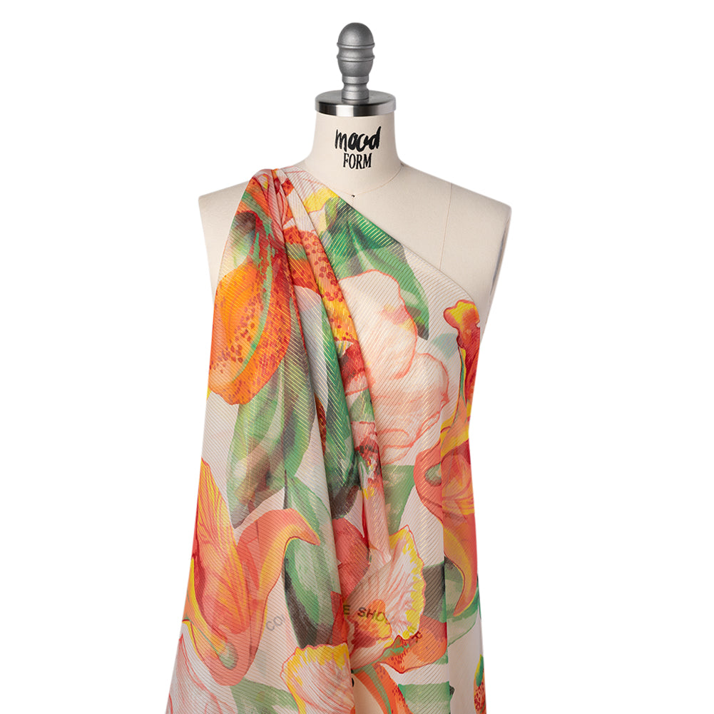 Polyester Chiffon with Metallic Gold Pinstripes - Bright Orange, Yellow and Green Brilliant Flowers and Orchids - Designer Deadstock - Joann Fabrics