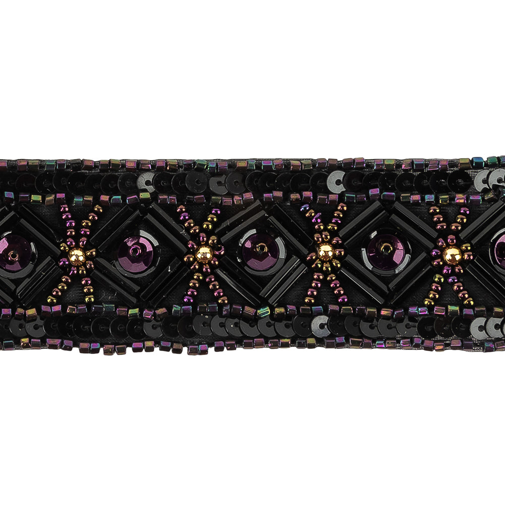 Vintage Purple Iris Geometric Beaded and Sequins Trimming - 1.25