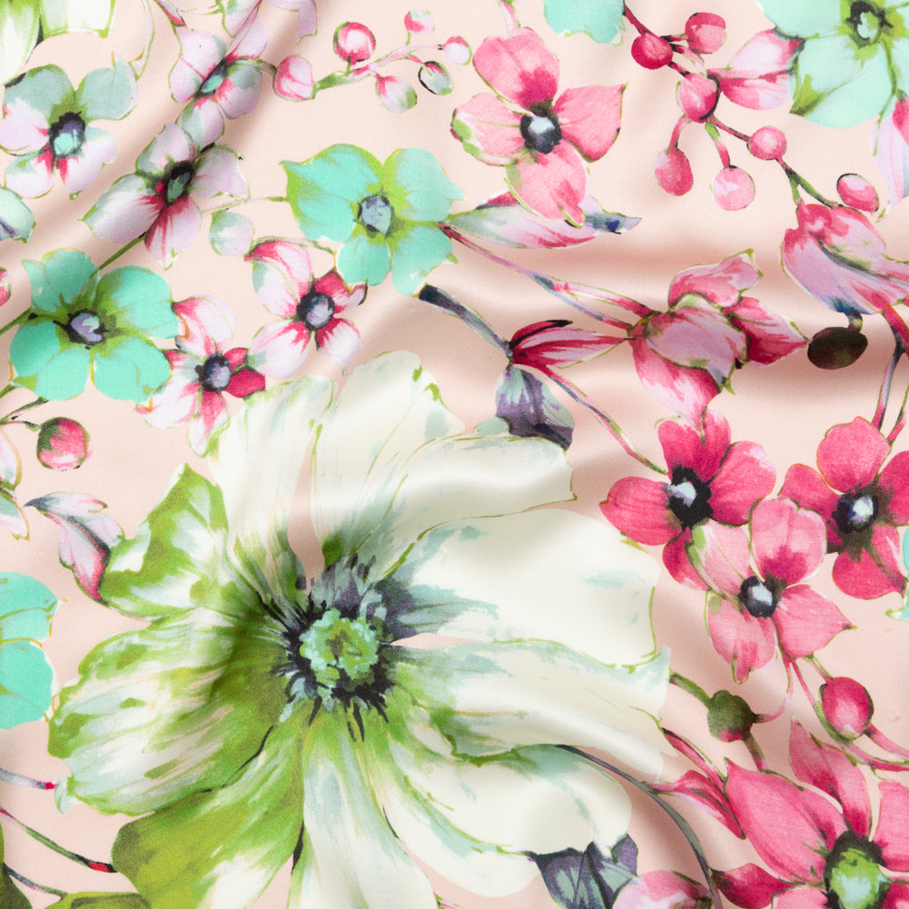 Mood Exclusive Italian Pink Silk Charmeuse with Central Digitally Printed Florals - Joann Fabrics