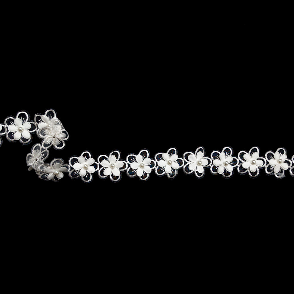 3D Ivory Embroidered Organza Floral Pearl Trim - 1.5