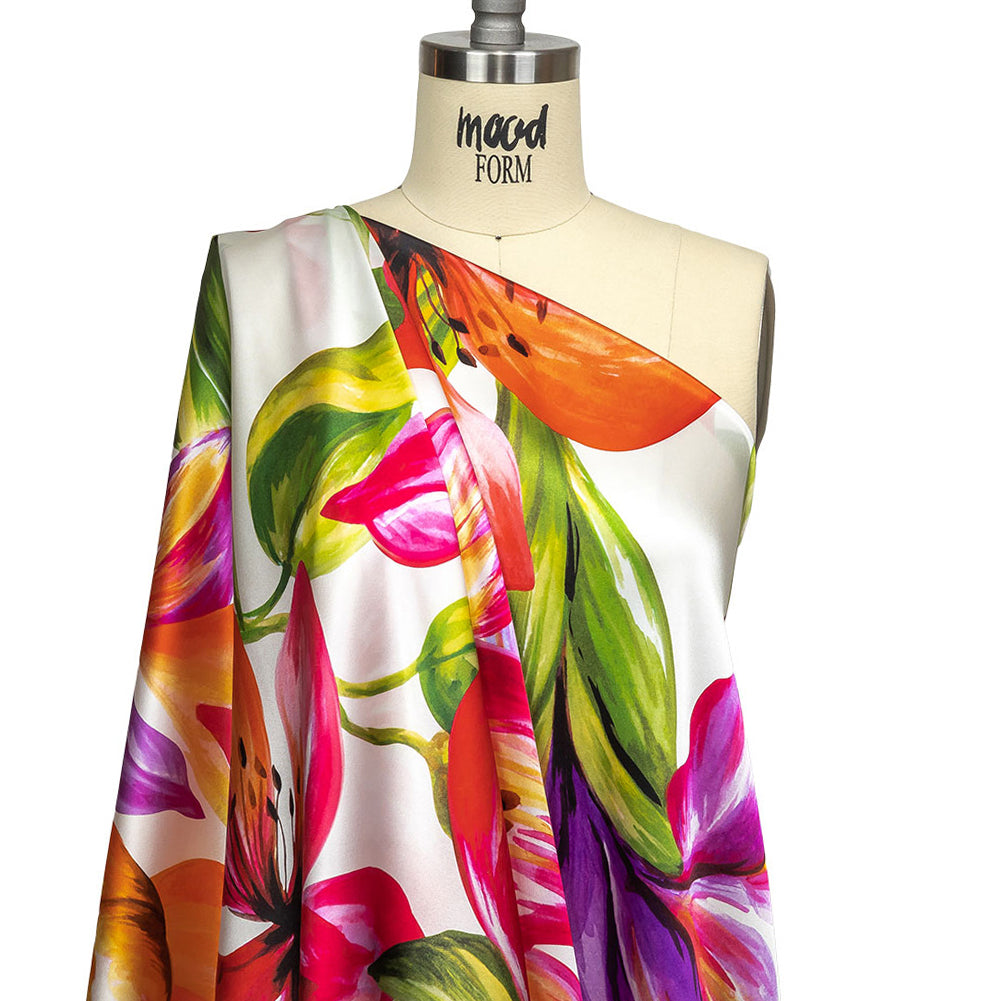 Mood Exclusive Italian Magenta, Orange and Green Lilies Silk Charmeuse - Joann Fabrics