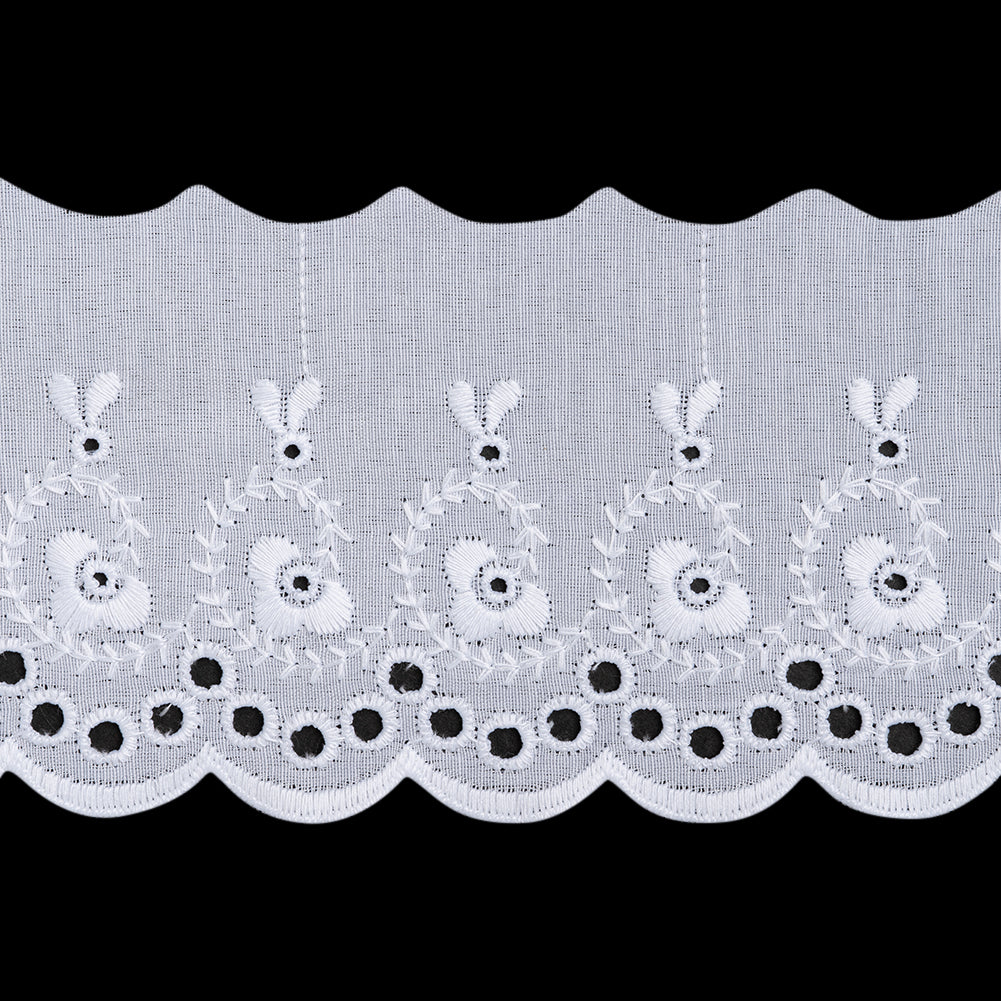 Cotton and Polyester Embroidered Eyelet Lace Trim with One Finished Scalloped Edge - 3.25