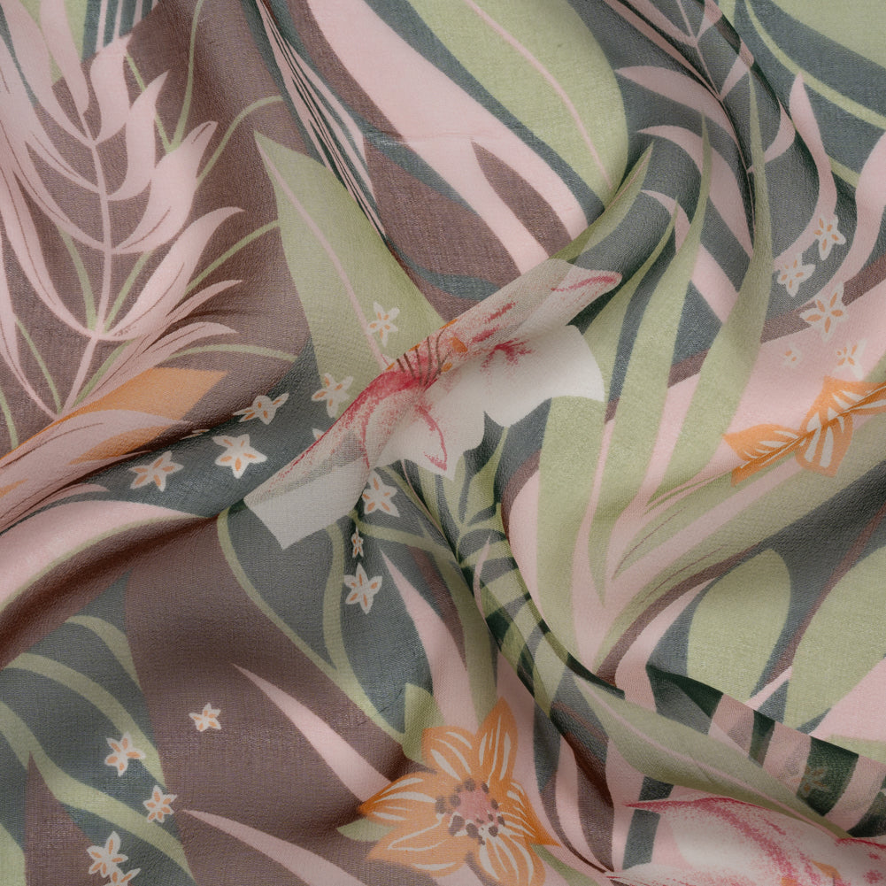 Green, Brown and Pink Tropical Flora Silk Chiffon - Joann Fabrics