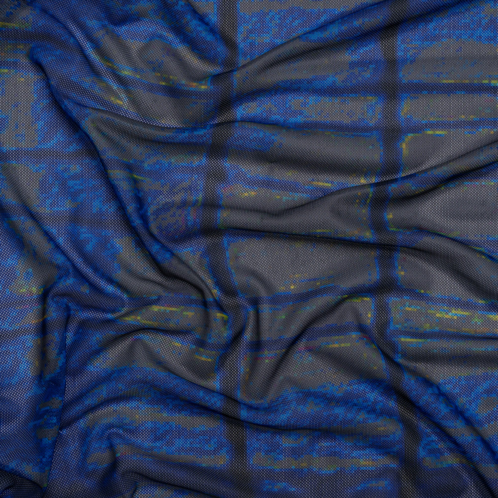Polyester Stretch Mesh - Electric Blue, Olive and Black Abstract Plaid - Designer Deadstock - Joann Fabrics