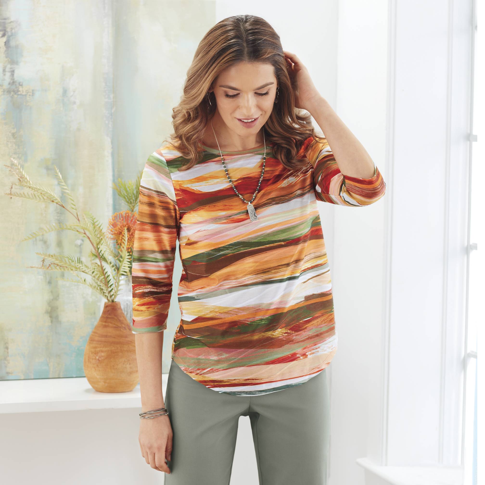 Earthtone Textured Top, 3/4 Sleeves, Curved Hem - Northstyle Catalog