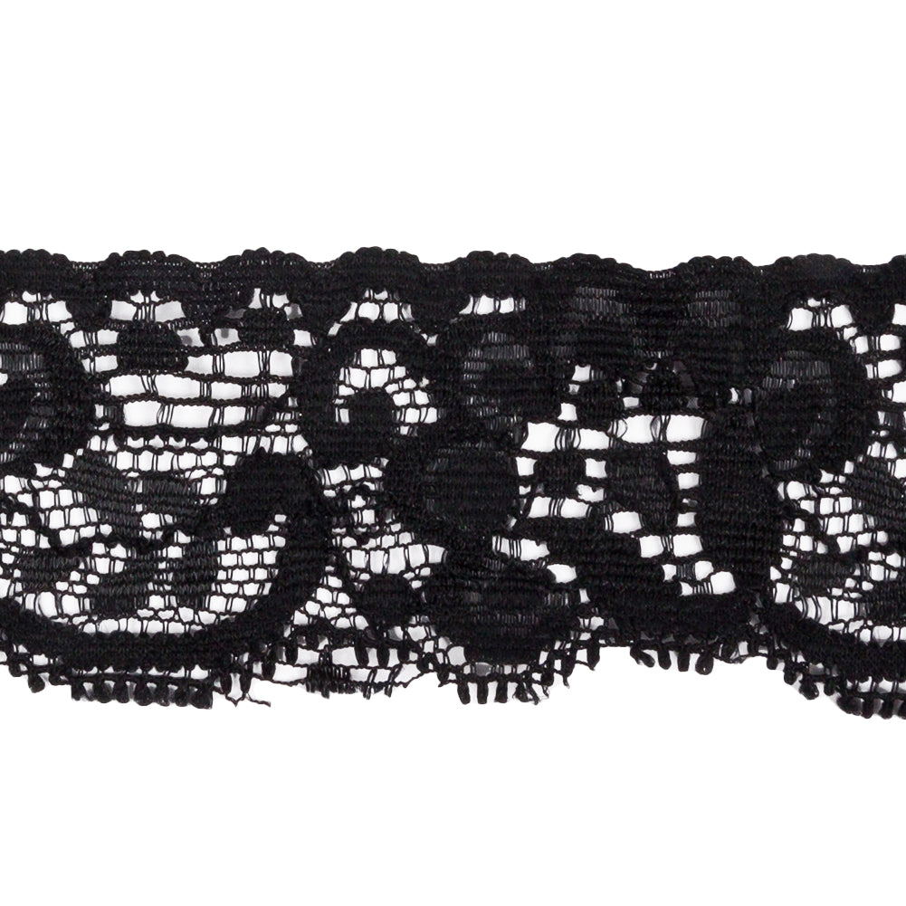 Famous NYC Designer Black Flowers and Swirls Scalloped Stretch Re-Embroidered Lace Trim - 1.375