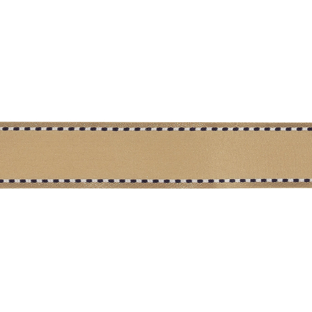 Marzipan Woven Ribbon with Navy Blazer and White Stitched Border - 0.75