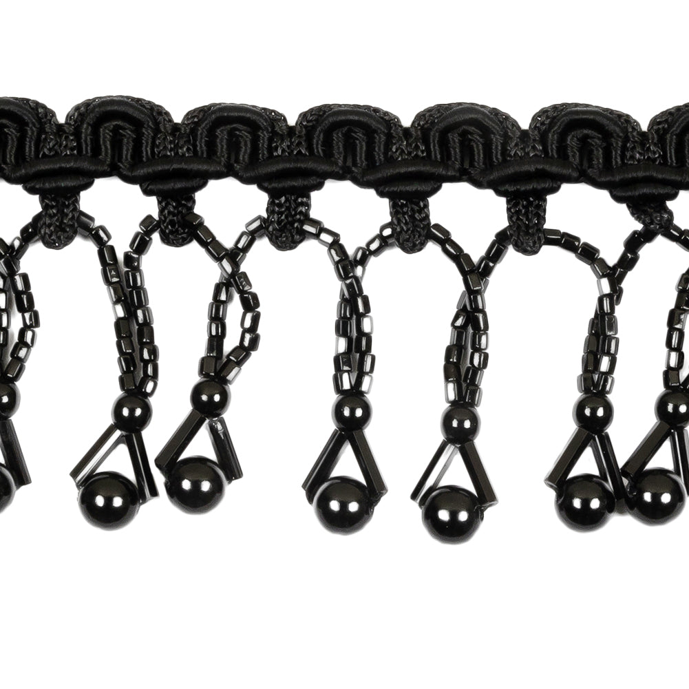 Vintage Black Round and Seed Beaded Fringe on Black Braid - 1.5