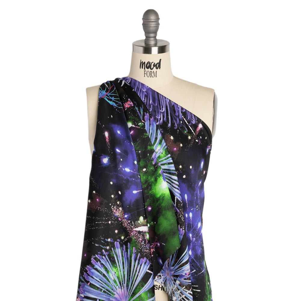 Sustainable and Recycled Viscose Satin Print - Purple, Black and Green Fireworks and Flowers - Mood Exclusive Mirrored in Nature - Joann Fabrics