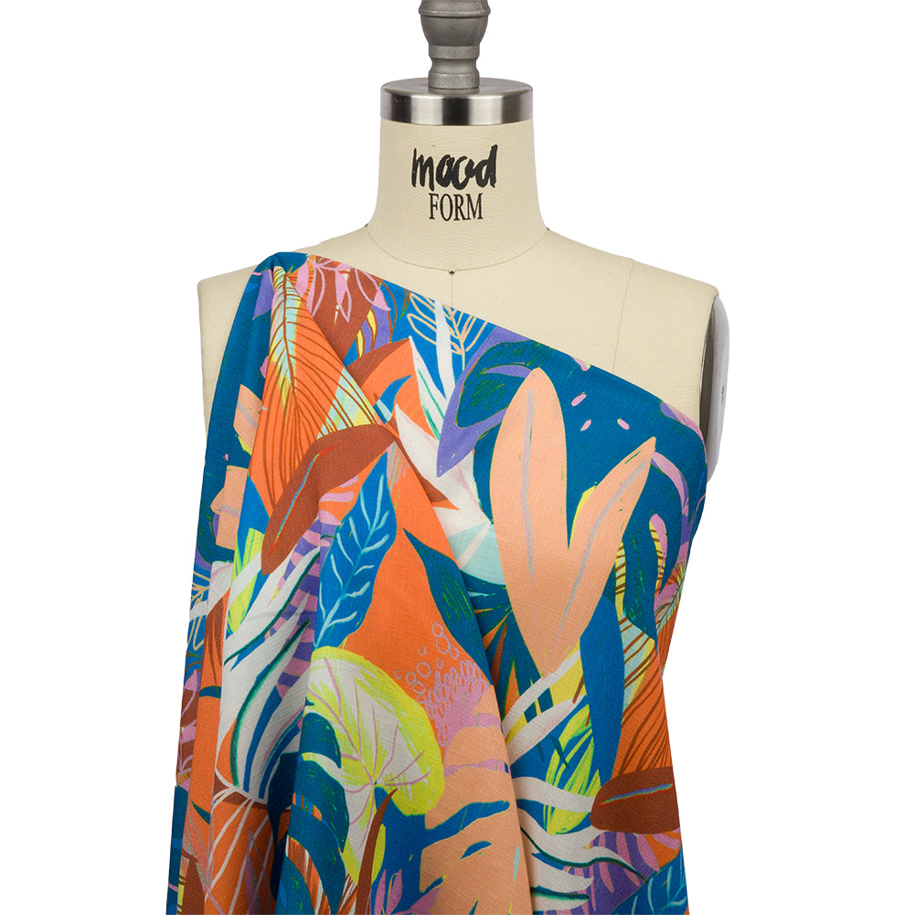 Slubbed Viscose Woven Print - Orange and Blue Leaves - Mood Exclusive Tropical Tango - Joann Fabrics