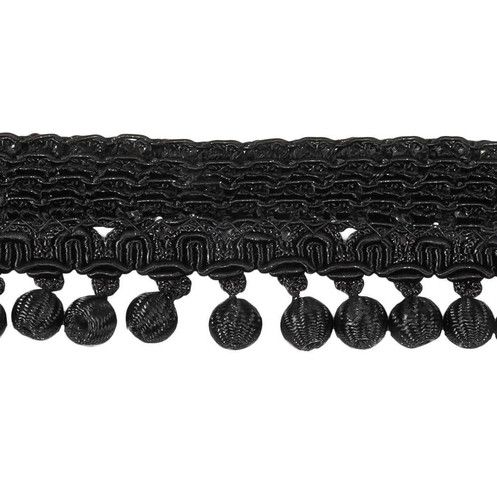 Vintage Black Braided Trim with Thread Covered Bead Pom Pom Fringe - 1.375
