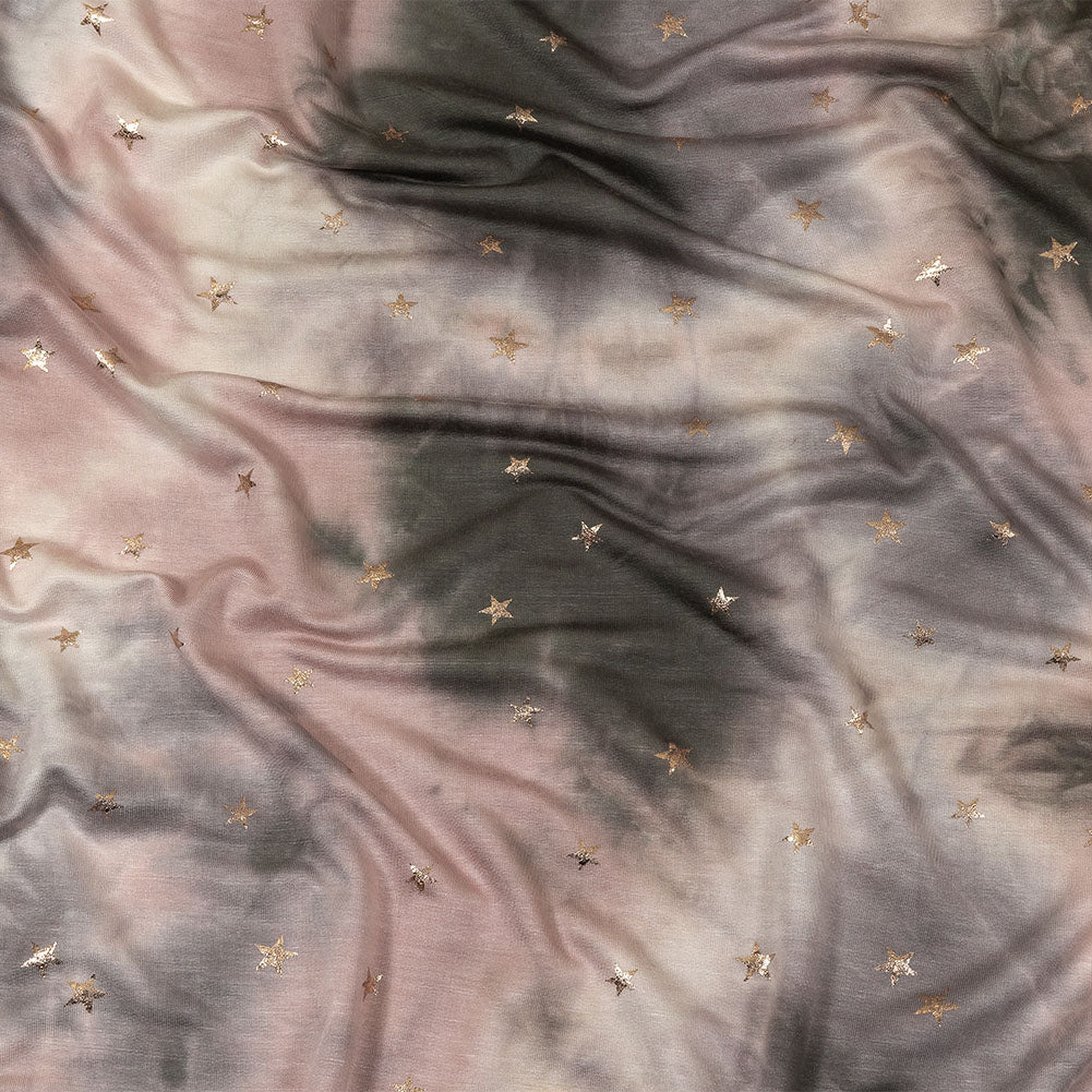 Pink, Olive and Metallic Gold Foiled Stars Stretch Rayon French Terry - Joann Fabrics