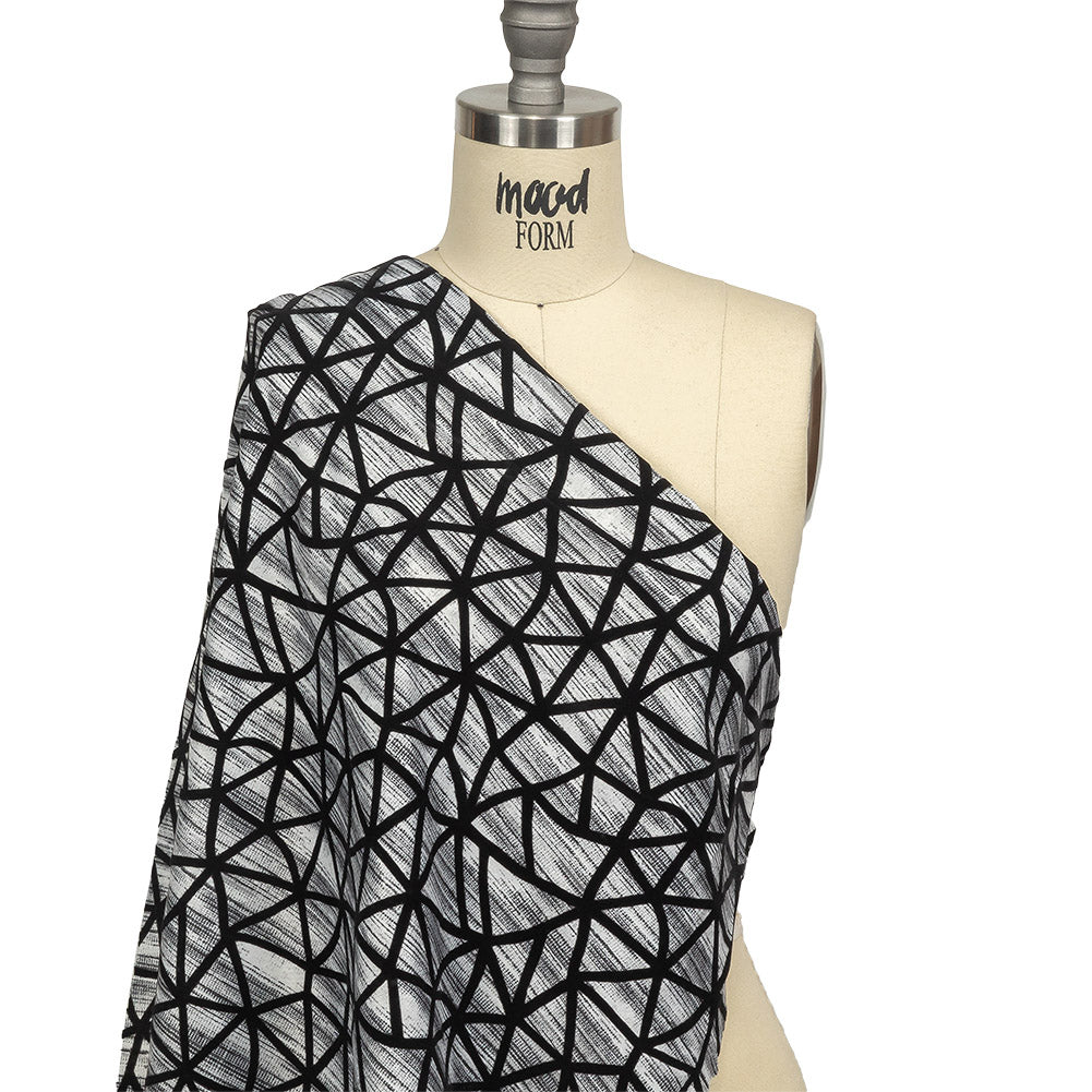 Black Flocked Geometric Web on Gray and White Distressed Stripes Stretch Cotton Twill - Joann Fabrics