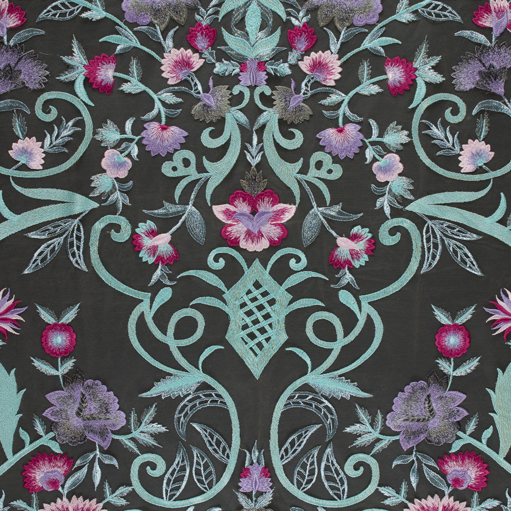 Embroidered Tulle Panel - Metallic Aqua and Fuchsia Floral - Joann Fabrics