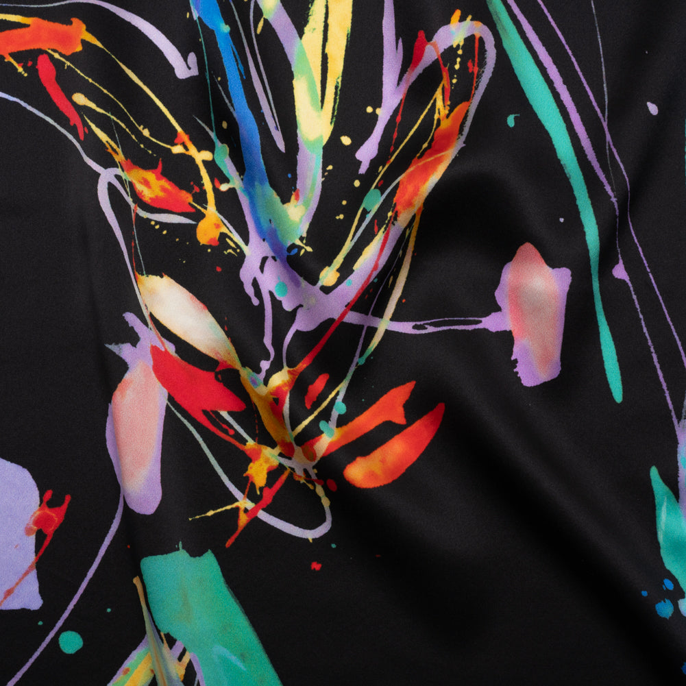 Silk Charmeuse Print - Black and Rainbow Paint Streaks and Splatters - Made in Italy - Joann Fabrics
