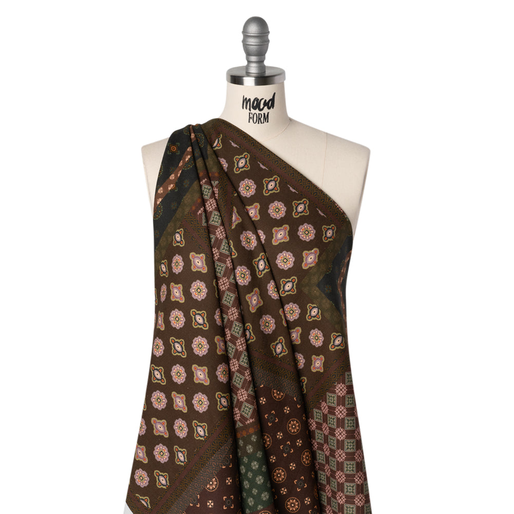 Linen and Rayon Woven - Brown, Dark Green and Olive Medallion Patchwork - Mood Exclusive Sultan’s Splendor Print - Joann Fabrics