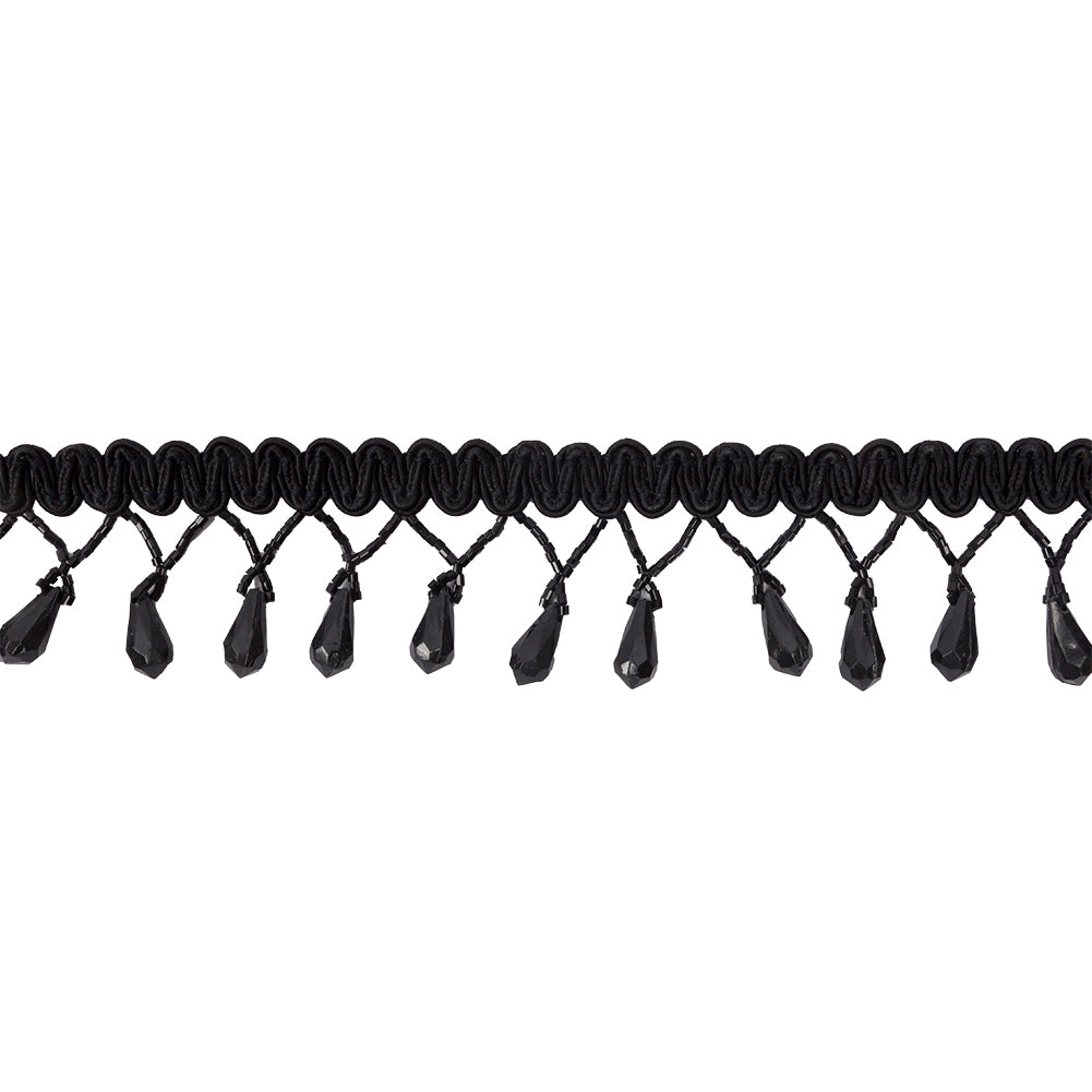 Vintage Black Teardrop Beaded Fringe on Black Gimp Braid - 2