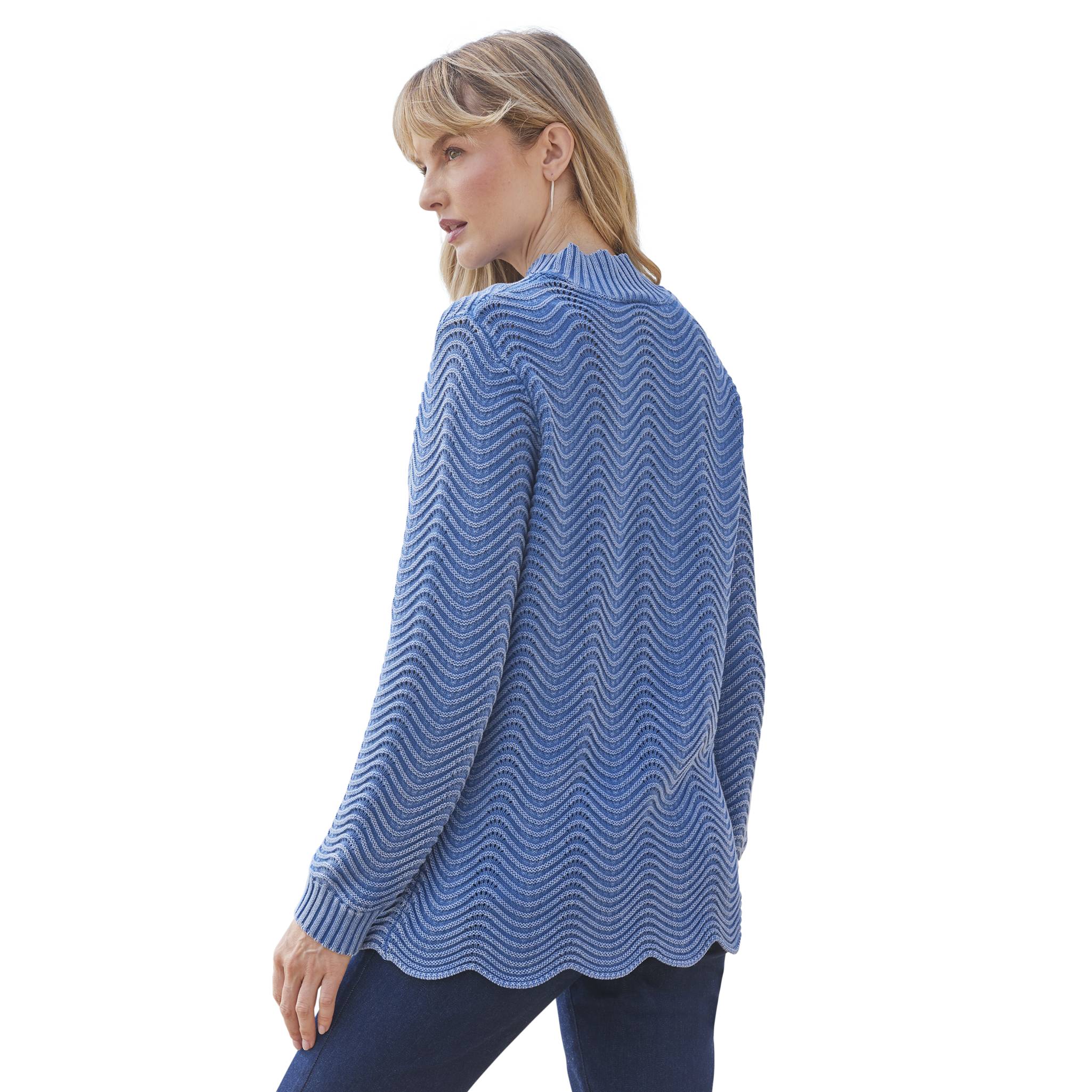 Vintage-Wash Wave-Stitch Cotton Pullover, Scalloped Hem, Ribbed Trim - Northstyle Catalog