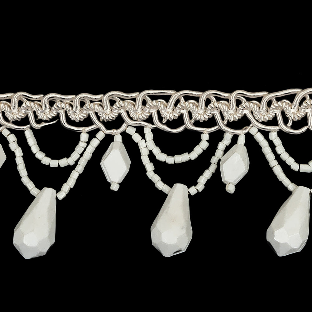 Vintage Chalk White Teardrops and Glass Beaded Looped Fringe on Ivory Braid - 1.5