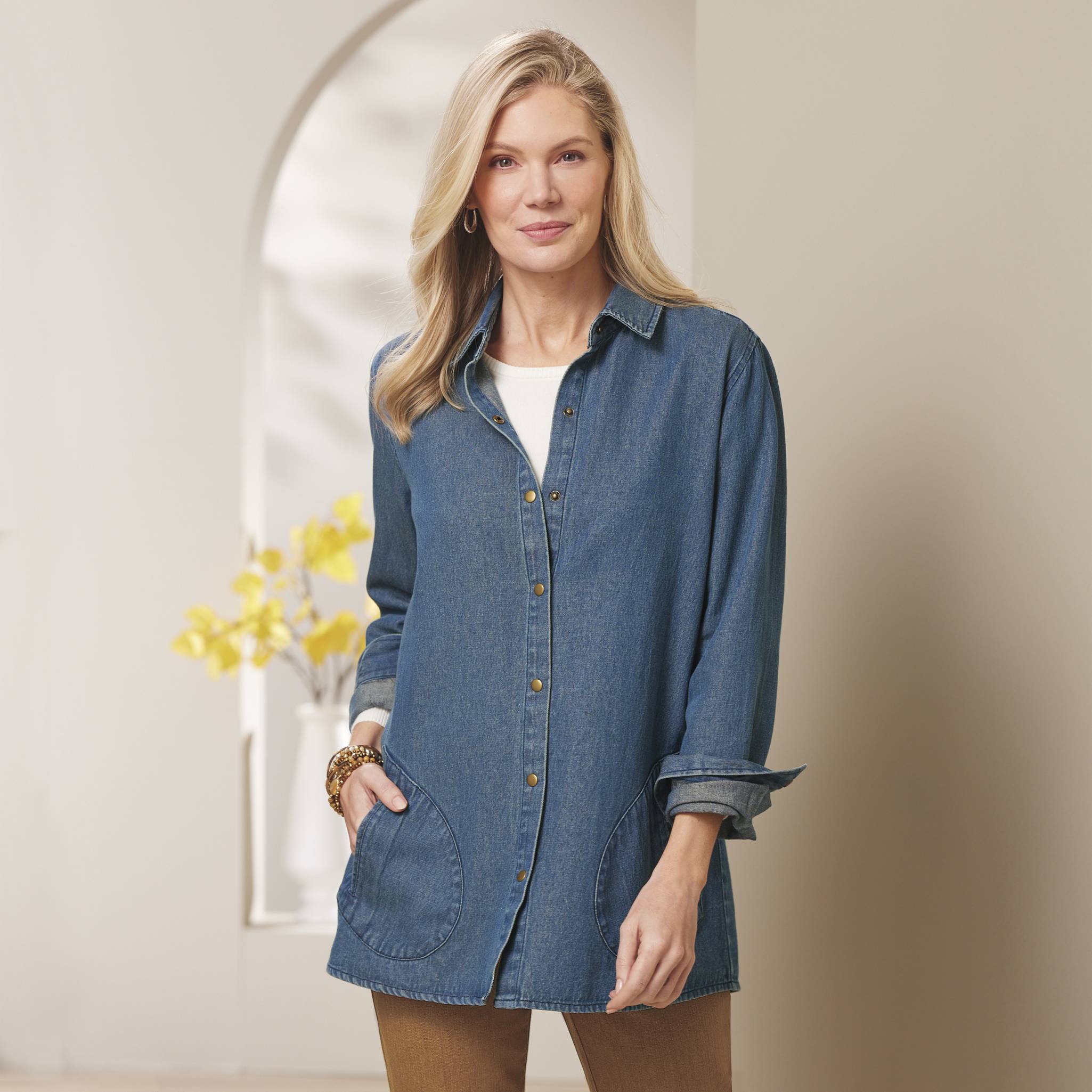 Cotton Denim Shirt Jacket, Snap Placket & Cuffs, Front Pockets - Northstyle Catalog