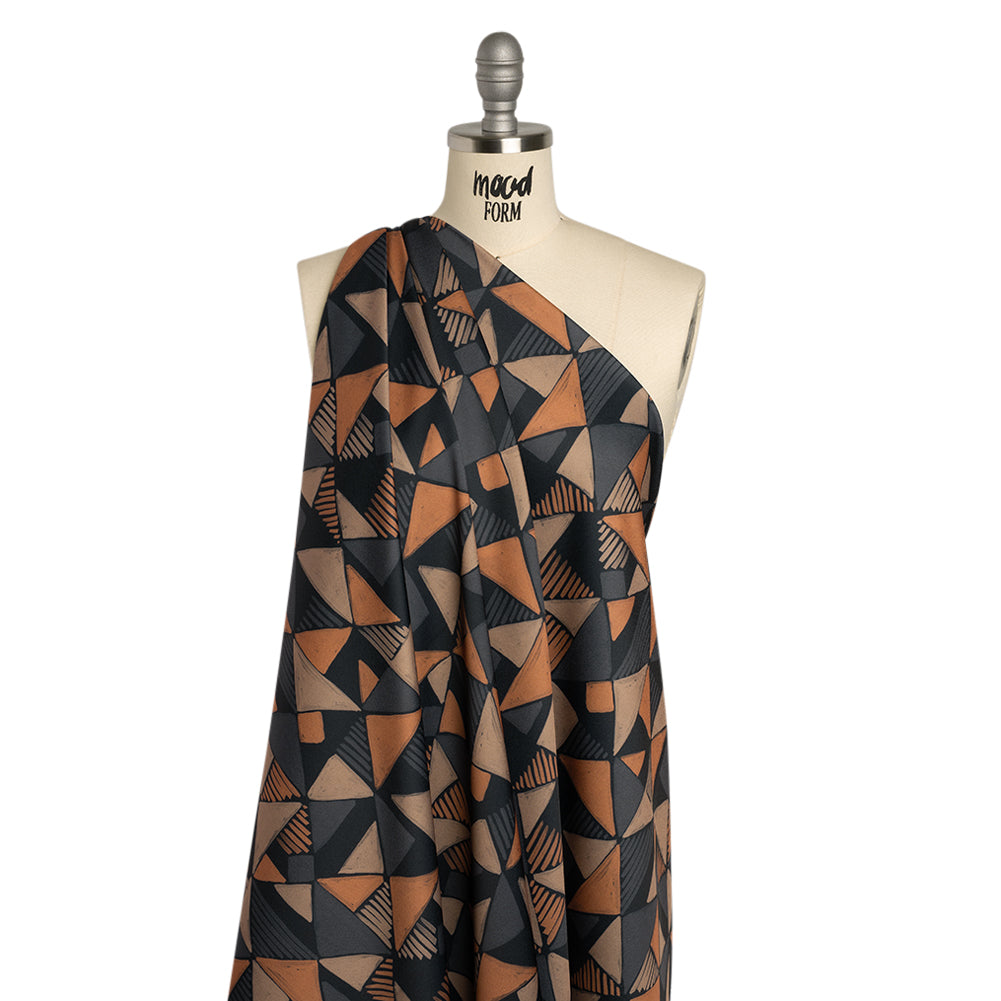 Polyester Crepe-Back Satin - Midnight, Taupe and Burnt Orange Painterly Triangles - Mood Exclusive Fractured Forms Print - Joann Fabrics