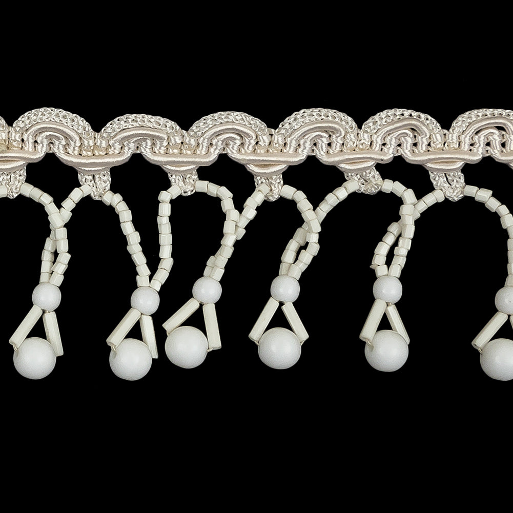 Vintage Chalk White Round and Seed Beaded Fringe on Ivory Braid - 1.5